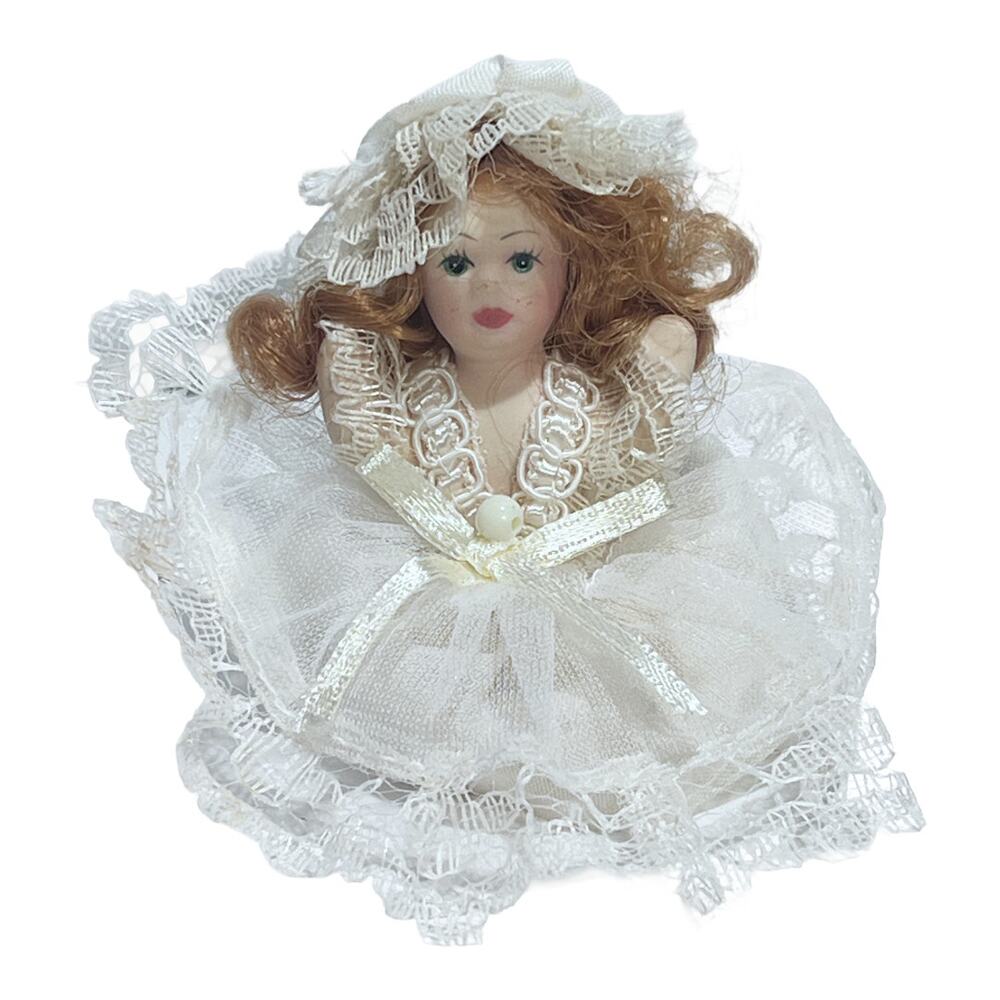 Miniature Bisque Doll Victorian Style Lace Dress Sitting 2.5" Vintage